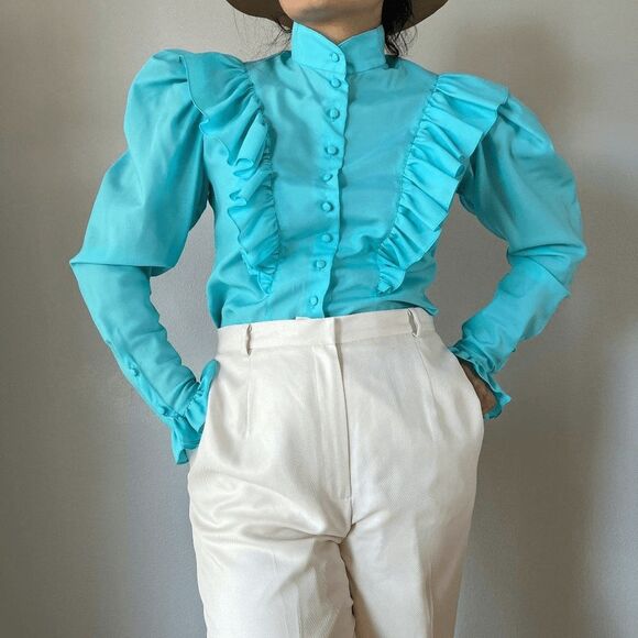 vtg 70s western button blouse large ruffle collared puff sleeves victorian small - Picture 8 of 10